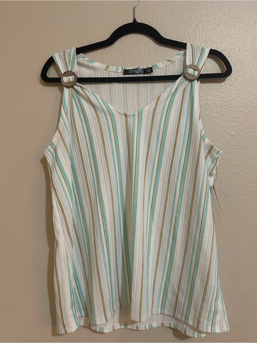 CURE Striped Ring-Shoulder Tank Top in White with Mint & Tan